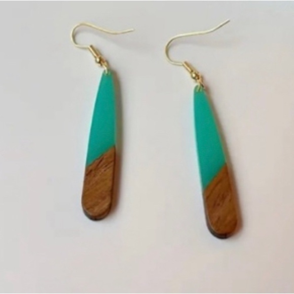 Wood turquoise resin two tone tear drop dangle earrings boho spring summer fall - Picture 2 of 5